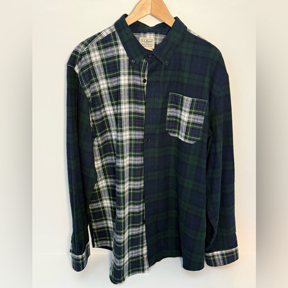 L.L. Bean Scotch Plaid Button Down Flannel Shirt XL Color block Patchwork Green